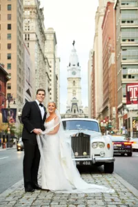 Bride and groom wedding portraits, in Philadelphia outside of City Hall.